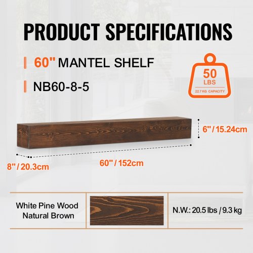 Fireplace Mantel 60 x 8 x 6 50 lbs Weight Capacity Natural Wood Mantel