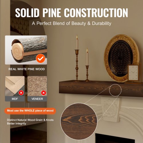 Fireplace Mantel 60 x 8 x 6 50 lbs Weight Capacity Natural Wood Mantel
