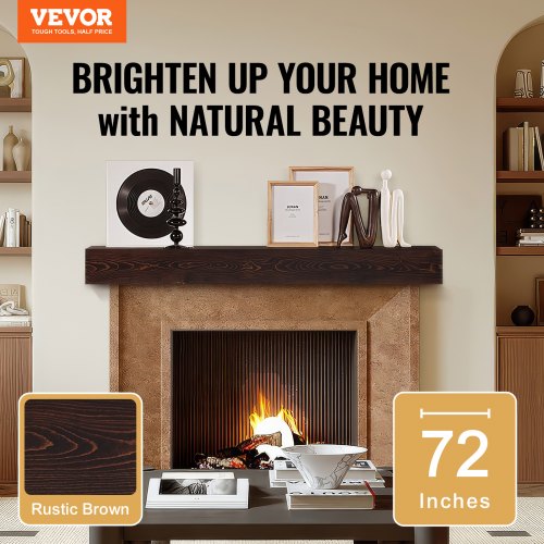 Fireplace Mantel 72 x 8 x 5 50 lbs Weight Capacity Natural Wood Mantel