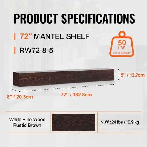 Fireplace Mantel 72 x 8 x 5 50 lbs Weight Capacity Natural Wood Mantel