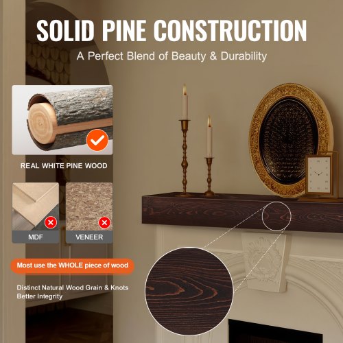 Fireplace Mantel 72 x 8 x 5 50 lbs Weight Capacity Natural Wood Mantel