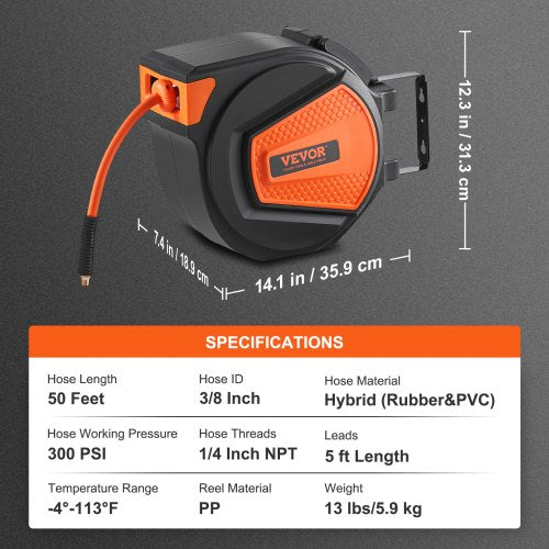 Retractable Air Hose Reel 38 IN x 50 FT Hybrid Air Hose Max 300PSI Air