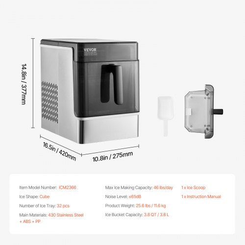 Countertop Ice Maker 32 Cubes Ready in 15 Mins 46lbs in 24Hrs
