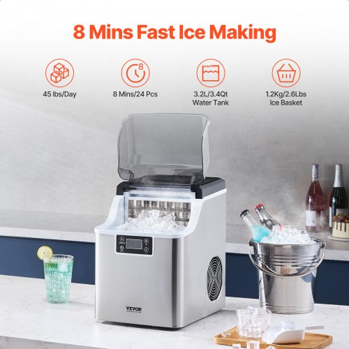 Countertop Ice Maker 24 Cubes Ready in 15 Mins 45lbs in 24Hrs