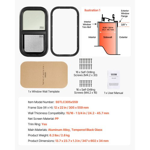 Vertical RV Window 12 W x 22 H Tinted Sliding RV Window with Net Screen