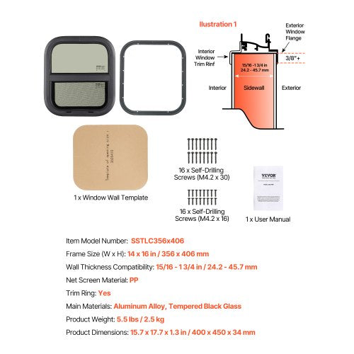 Vertical RV Window 14 W x 16 H Tinted Sliding RV Window with Net Screen