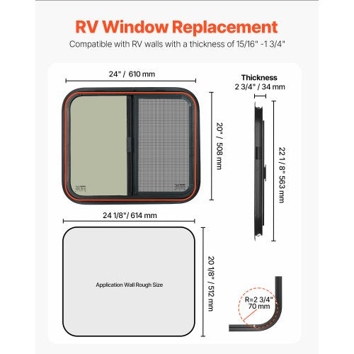 Horizontal RV Window 24 W x 20 H Tinted Sliding RV Window with Net Screen