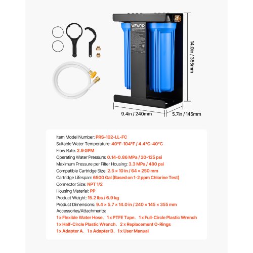 RV Water Filtration System 2Cartridge Water Filter System for Campers