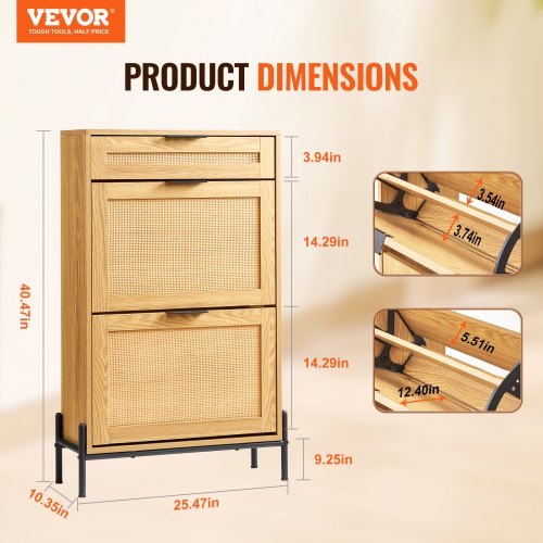 Rattan Shoe Cabinet Narrow Shoe Storage Organizer with 2 Flip Rattan