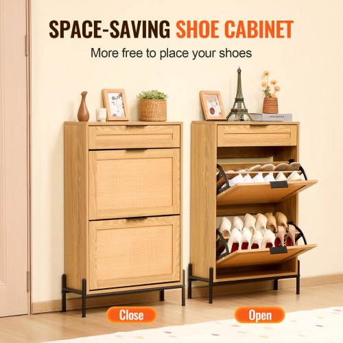 Rattan Shoe Cabinet Narrow Shoe Storage Organizer with 2 Flip Rattan