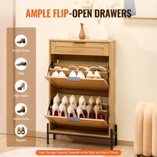 Rattan Shoe Cabinet Narrow Shoe Storage Organizer with 2 Flip Rattan