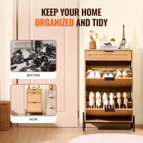 Rattan Shoe Cabinet Narrow Shoe Storage Organizer with 2 Flip Rattan