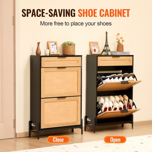 Rattan Shoe Cabinet Narrow Shoe Storage Organizer with 2 Flip Rattan