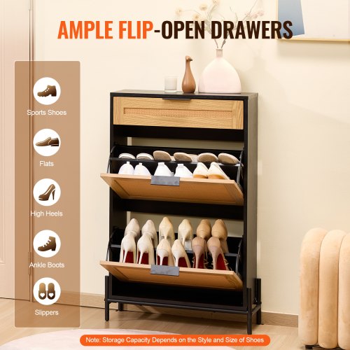Rattan Shoe Cabinet Narrow Shoe Storage Organizer with 2 Flip Rattan