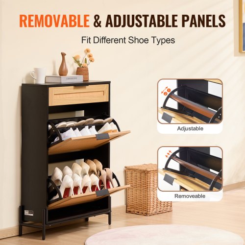Rattan Shoe Cabinet Narrow Shoe Storage Organizer with 2 Flip Rattan