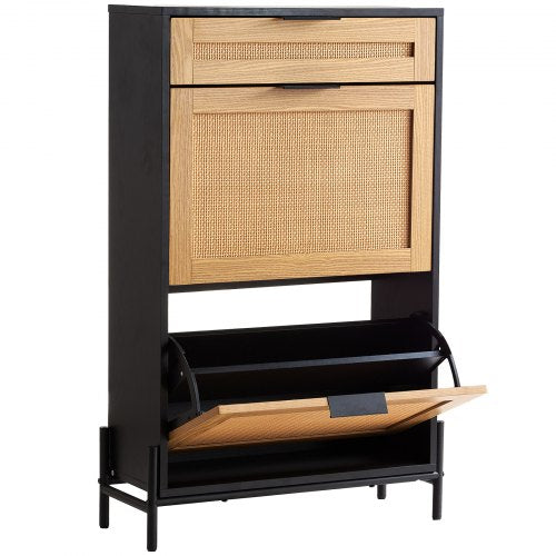 Rattan Shoe Cabinet Narrow Shoe Storage Organizer with 2 Flip Rattan