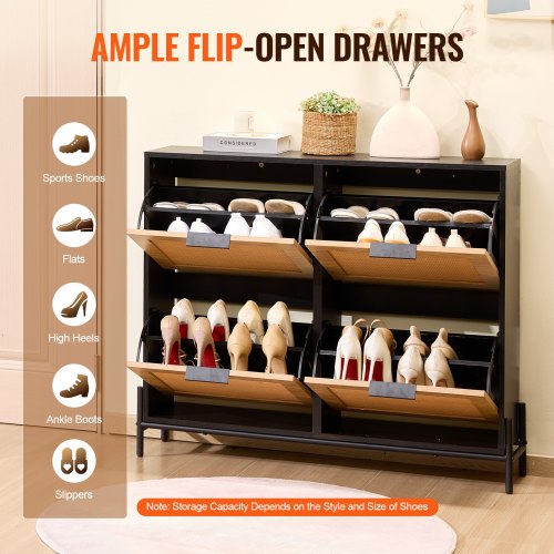 Rattan Shoe Cabinet Narrow Shoe Storage Organizer with 4 Flip Drawers Slim