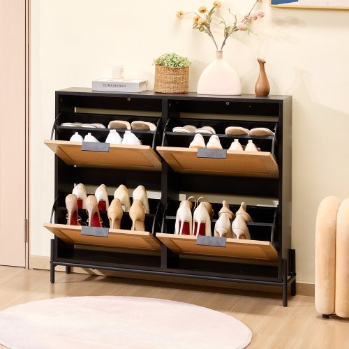 Rattan Shoe Cabinet Narrow Shoe Storage Organizer with 4 Flip Drawers Slim