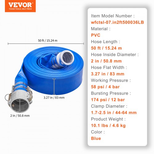 Pool Drain Hose 2 inch by 50 ft Durable PVC Material Includes Aluminum