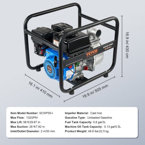 Gasoline Powered Trash Pump 2 in50 mm 65HP 132 GPM 4Stroke Gasoline