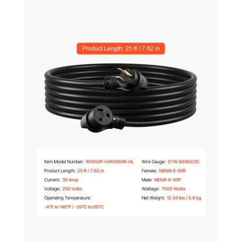 30Amp Generator Extension Cord 25 Foot 250 Volts 7500 Watts Heavy Duty