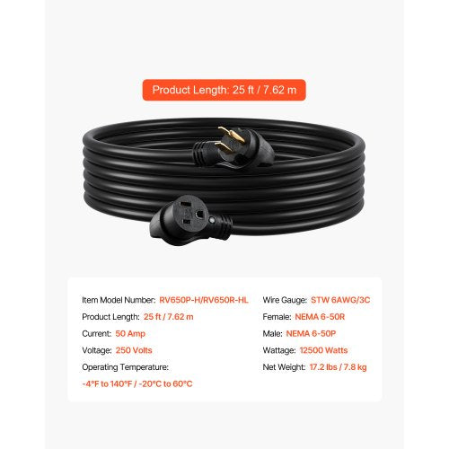 50Amp Generator Extension Cord 25 Foot 250 Volts 12500 Watts Heavy Duty