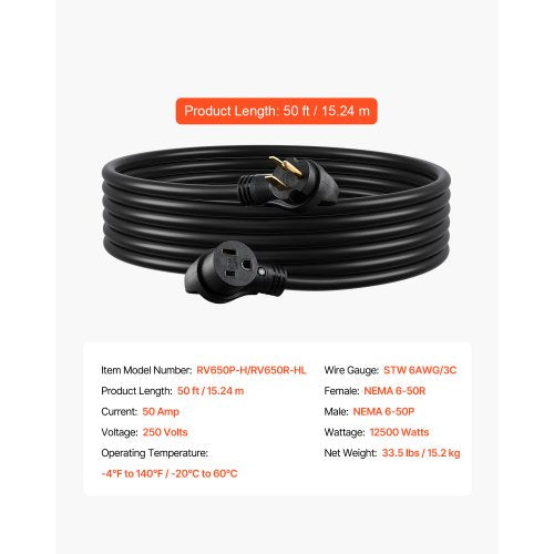 50Amp Generator Extension Cord 50 Foot 250 Volts 12500 Watts Heavy Duty