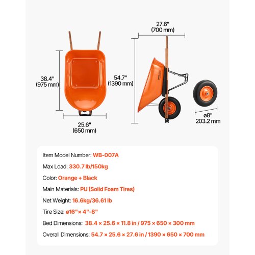 Wheelbarrow Cart 6 Cu Ft Load 330 lbs Capacity One Wheel Garden Dump