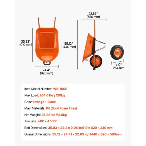 Wheelbarrow Cart 5 Cu Ft Load 330 lbs Capacity One Wheel Garden Dump