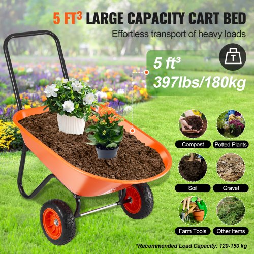 Wheelbarrow Cart 5 Cu Ft Load 397 lbs Capacity 2 Wheels Garden Dump