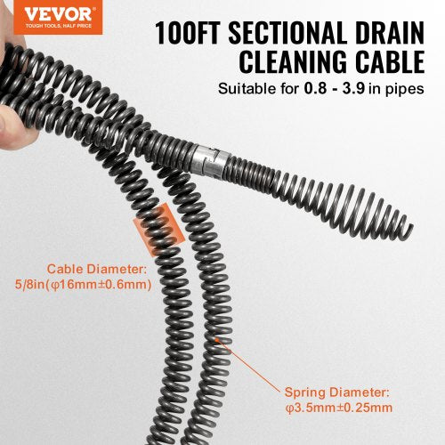 Drain Cleaning Cable 100 FT x 58 Inch Professional Sectional Drain Cleaner