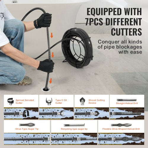 Drain Cleaning Cable 100 FT x 58 Inch Professional Sectional Drain Cleaner