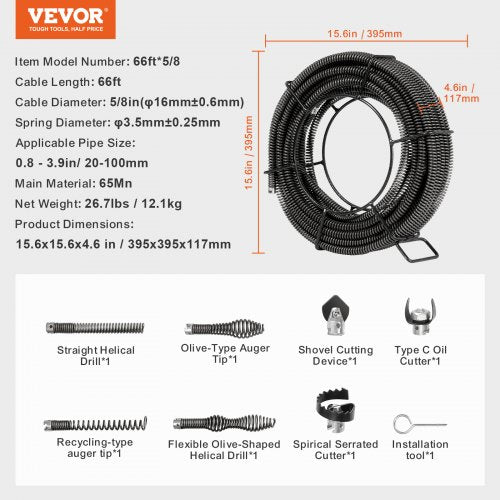 Drain Cleaning Cable 66 FT x 58 Inch Professional Sectional Drain Cleaner
