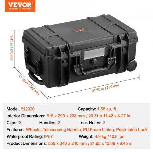 158 Cuft Weatherproof Hard Case with Retractable Pull Handles Wheels –