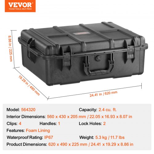 24 Cuft Weatherproof Hard Case with Handle Clips Padlock Holes Foam – 205 MM