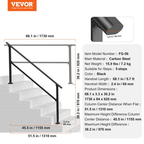 Handrails for Outdoor Steps 5 Step Stair Hand Rail Kit Transitional Carbon