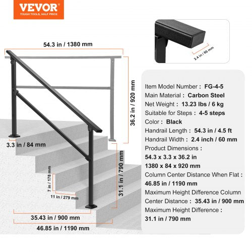 Outdoor Handrails for Steps 45 Step Stair Rail Kit Black Square Tube