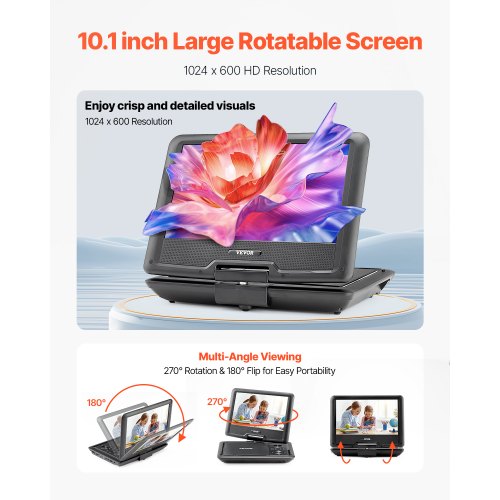 Portable DVD Player 10.1 inch HD Swivel Display Screen 4 Hours Builtin