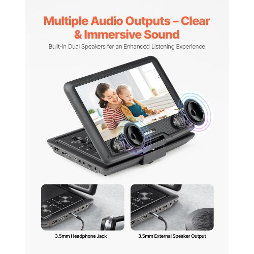Portable DVD Player 10.1 inch HD Swivel Display Screen 4 Hours Builtin