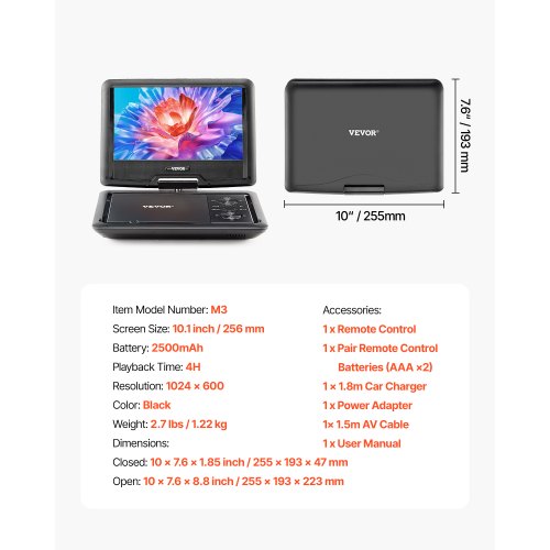 Portable DVD Player 10.1 inch HD Swivel Display Screen 4 Hours Builtin