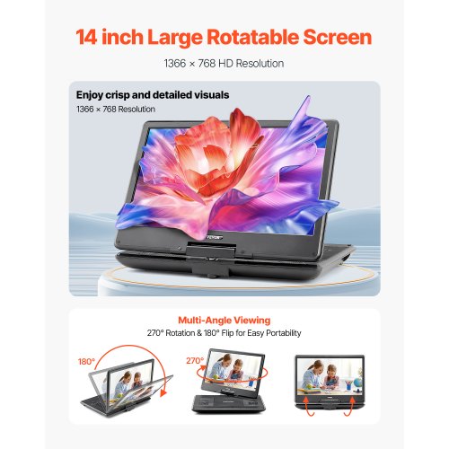Portable DVD Player 14 inch HD Swivel Display Screen 455 Hours Builtin