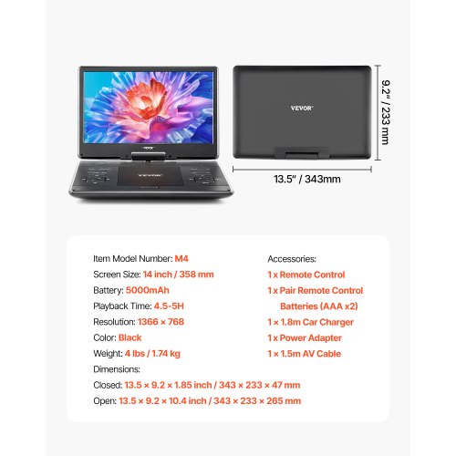 Portable DVD Player 14 inch HD Swivel Display Screen 455 Hours Builtin