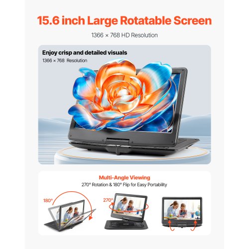 Portable DVD Player 15.6 inch HD Swivel Display Screen 455 H Builtin