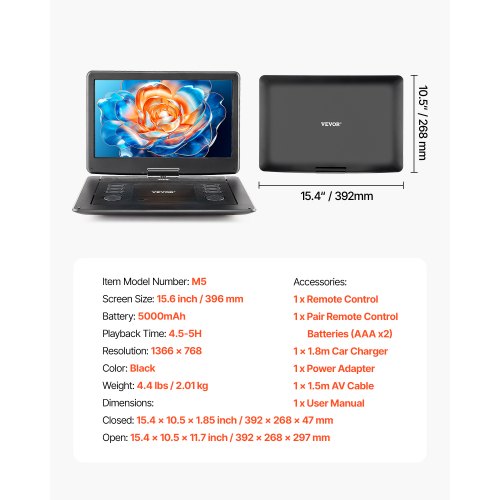Portable DVD Player 15.6 inch HD Swivel Display Screen 455 H Builtin