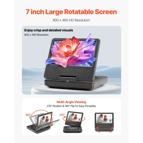 Portable DVD Player 7 inch HD Swivel Display Screen 4 Hours Builtin