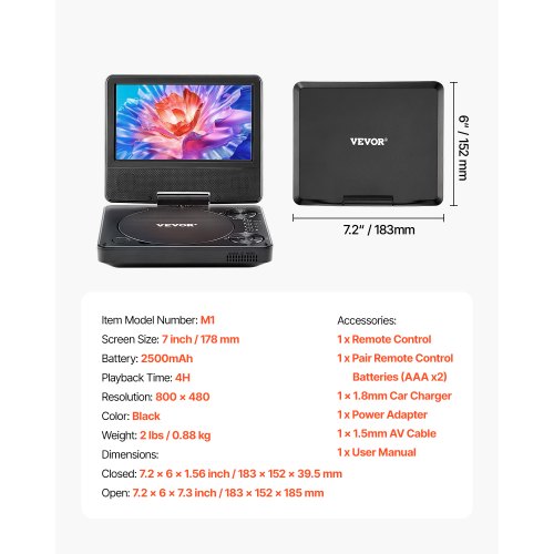 Portable DVD Player 7 inch HD Swivel Display Screen 4 Hours Builtin