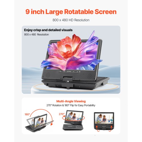 Portable DVD Player 9 inch HD Swivel Display Screen 4 Hours Builtin