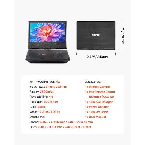 Portable DVD Player 9 inch HD Swivel Display Screen 4 Hours Builtin
