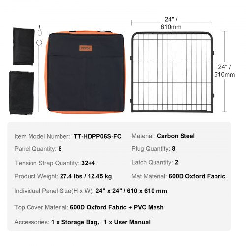 Dog Playpen 8 Pcs 24 x 24 in Panels Foldable Metal Pet Exercise Pen Dog