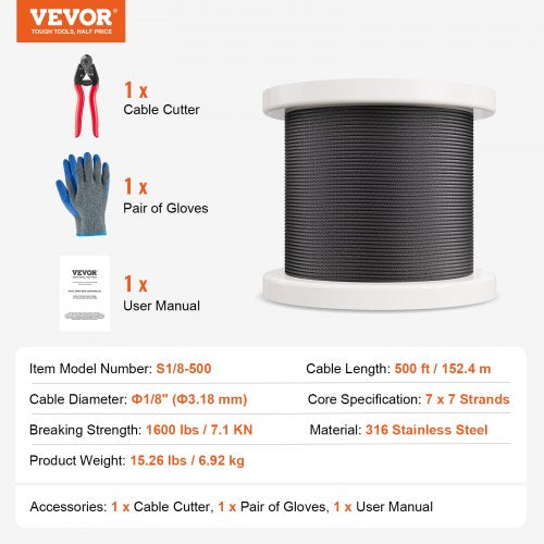 Wire Rope Kit 18 500 ft 316 Stainless Steel Cable with Cutter and Gloves